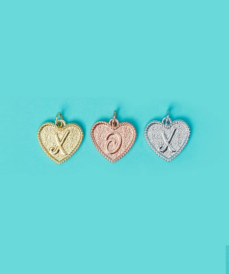 (E) Heart Initial Charm in Three Finishes
